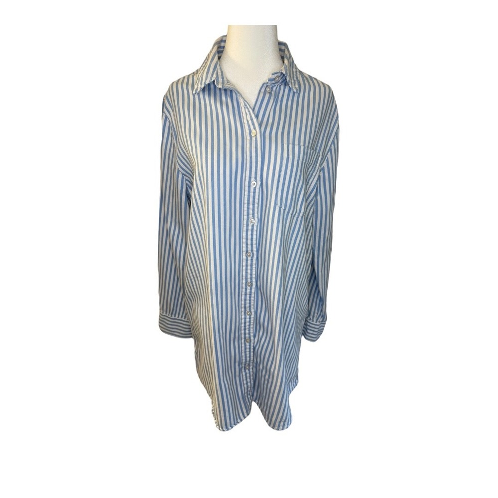 Aerie Striped Button Down Shirt Dress Long Sleeve Casual Blue White Medium